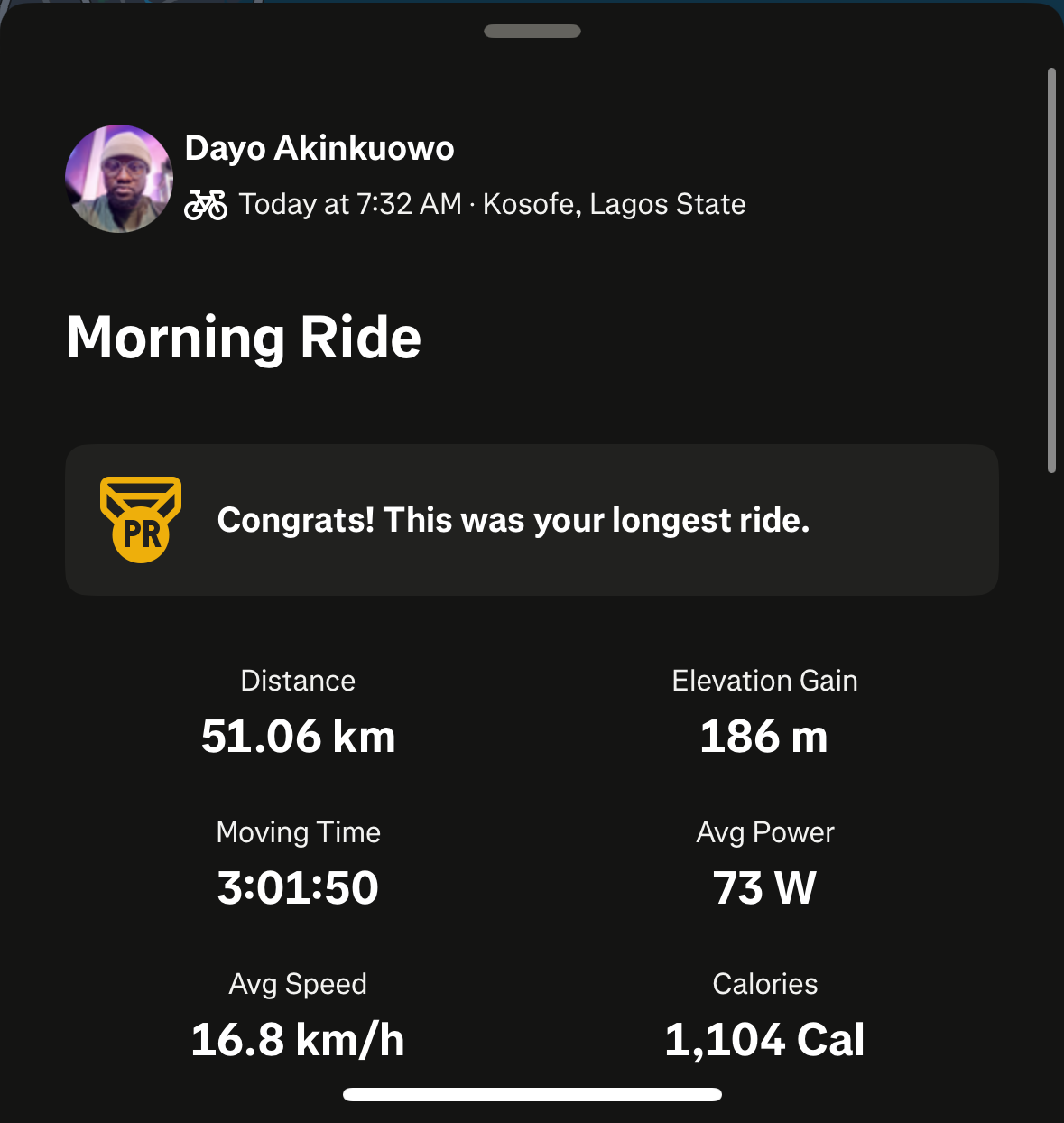 Strava summary of the morning ride in Kosofe, Lagos — 51.06 km in 3:01:50, with the badge "Congrats! This was your longest ride."